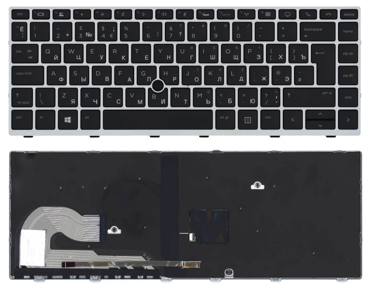 Клавиатура для ноутбука HP Elitebook 840 G5 черная с серебристой рамкой и подсветкой и указателем
