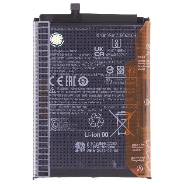 Аккумулятор для Xiaomi Redmi Note 10 Pro 4G (M2101K6G) / Redmi Note 9 Pro (M2003J6B2G) (BN53) (ORIG100) (SP)
