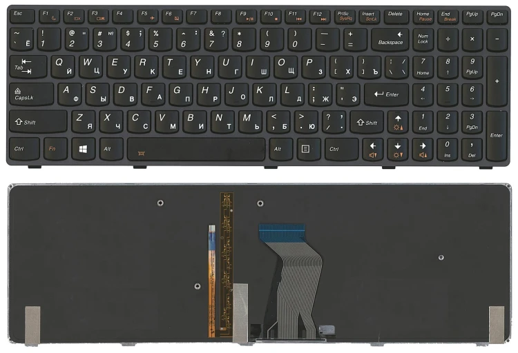 Клавиатура для ноутбука Lenovo IdeaPad Y580 черная с черной рамкой с подсветкой